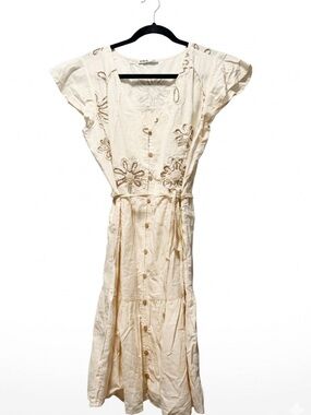 Boho Embroidered Cream Midi Dress with Tie Waist and buttons down front